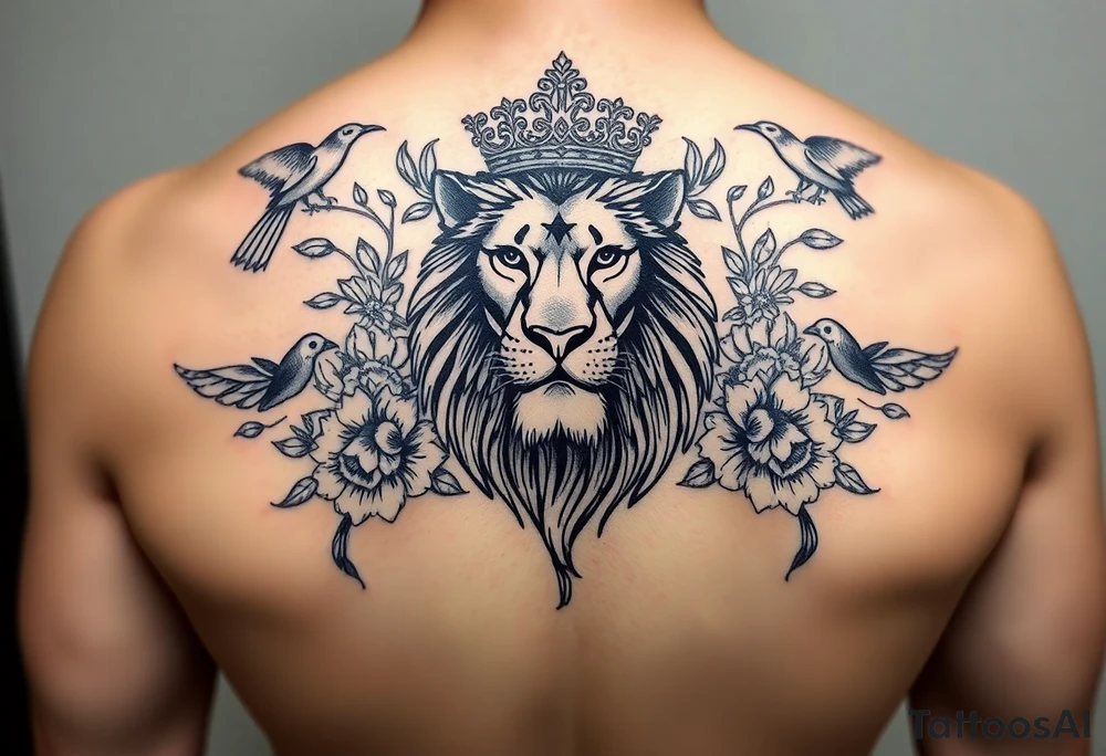powerful majestic lion with a crown, surrounded by floral ornaments and birds tattoo idea
