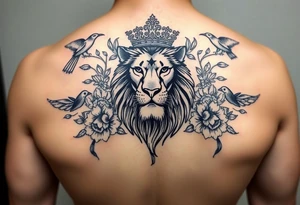 powerful majestic lion with a crown, surrounded by floral ornaments and birds tattoo idea