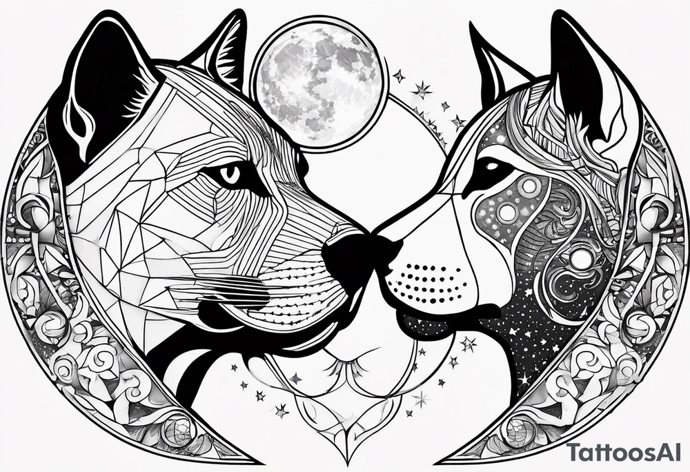 Sun and moon face romantic kiss or hug
With a pawprint pathway going to 2 cat and pitbull dog face surrounded with intergalactic Stars and infinite love bond tattoo idea