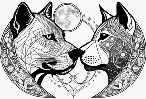 Sun and moon face romantic kiss or hug
With a pawprint pathway going to 2 cat and pitbull dog face surrounded with intergalactic Stars and infinite love bond tattoo idea