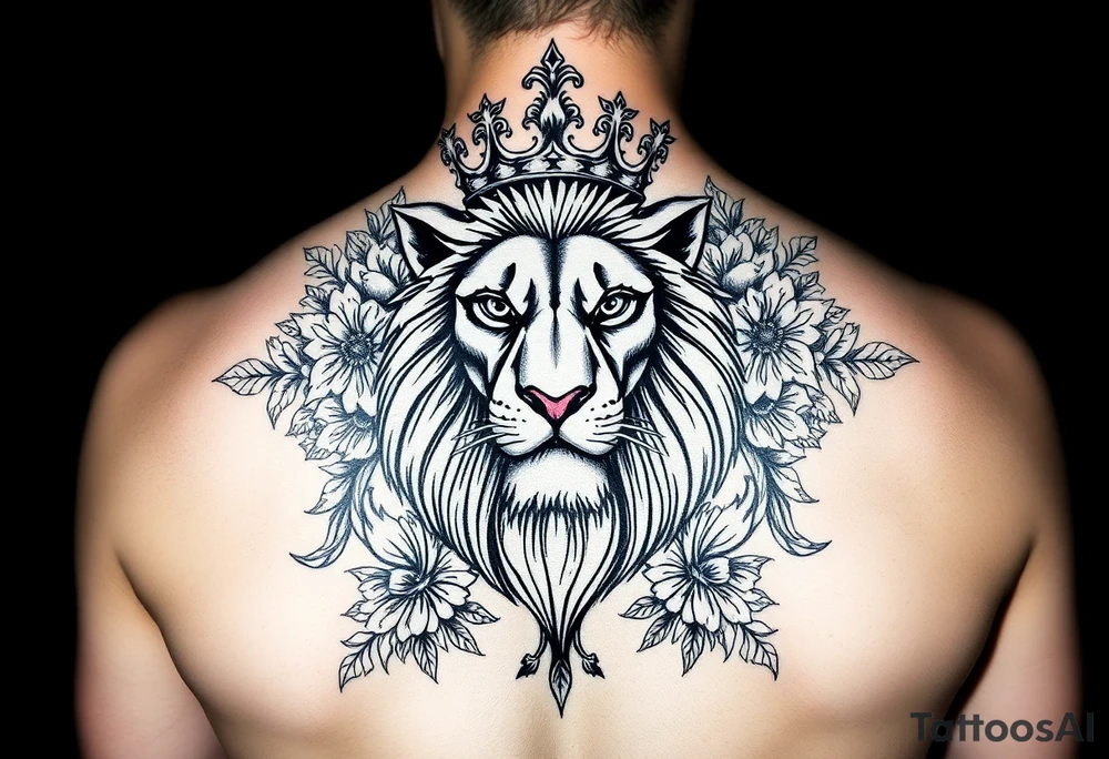 powerful majestic lion with a crown, surrounded by floral ornaments and birds tattoo idea