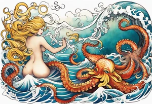 Giant octopus and blond mermaid frolicking in the sea tattoo idea