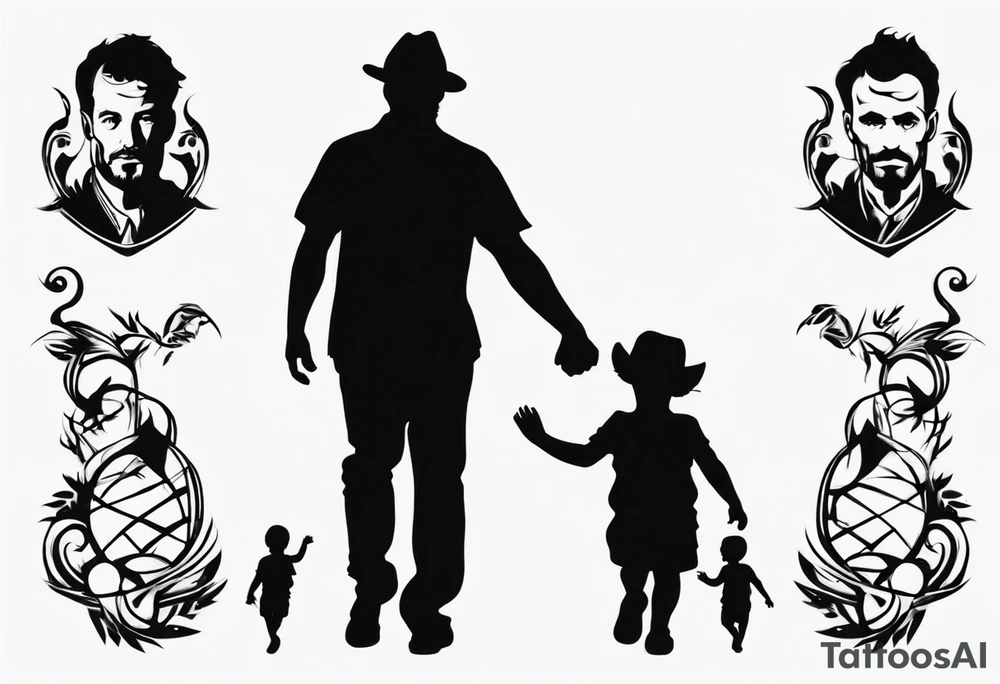 Silhouette of a father with two children, only outer lines tattoo idea