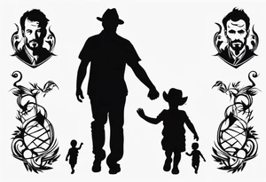 Silhouette of a father with two children, only outer lines tattoo idea