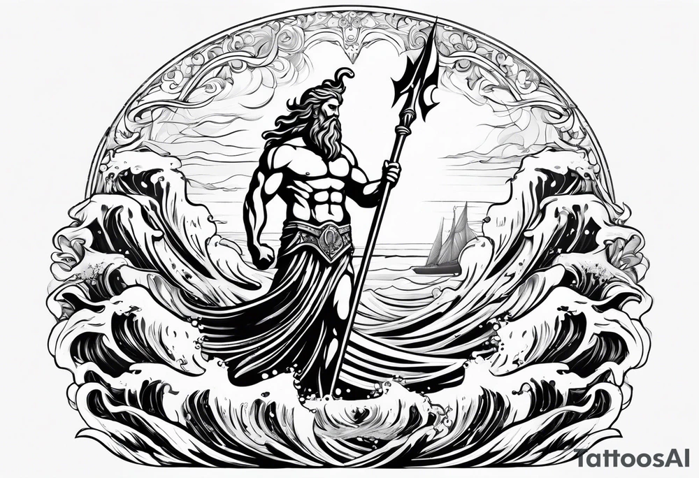 Poseidon holding his trident with waves in the background. Make Poseidon with statue features tattoo idea Poseidon holding his trident with waves in the background. Make Poseidon with statue features tattoo idea