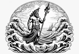 Poseidon holding his trident with waves in the background. Make Poseidon with statue features tattoo idea