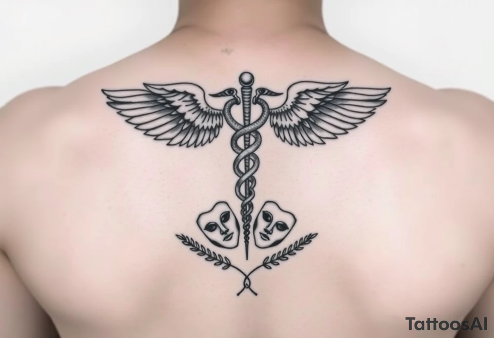 Fine-line black & grey tattoo. Central caduceus with two intertwined snakes and wings. Two drama masks subtly integrated near the base. Light fern leaves as a minimal frame. Gemini duality shown through symmetry of snakes and masks. Clean, elegant, symbolic, vertical composition. tattoo idea
