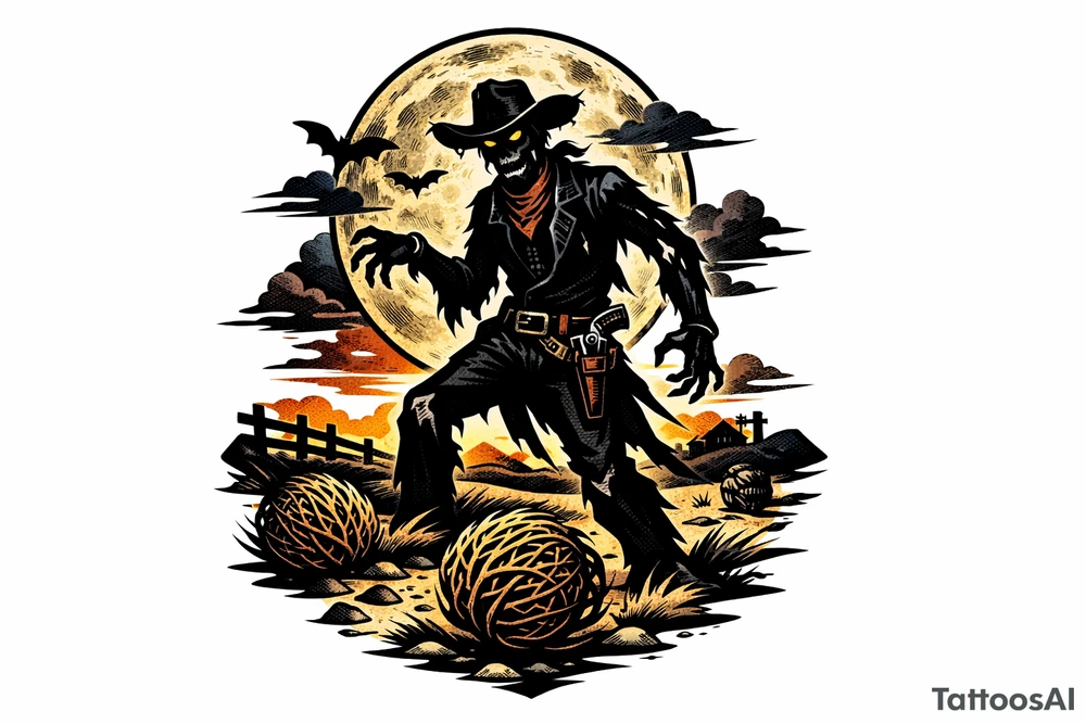 Zombie cowboy silhouette on a moonlit prairie, tumbleweeds rolling. tattoo idea
