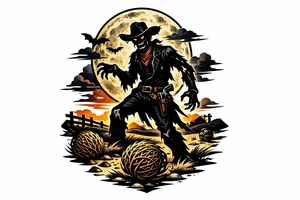Zombie cowboy silhouette on a moonlit prairie, tumbleweeds rolling. tattoo idea