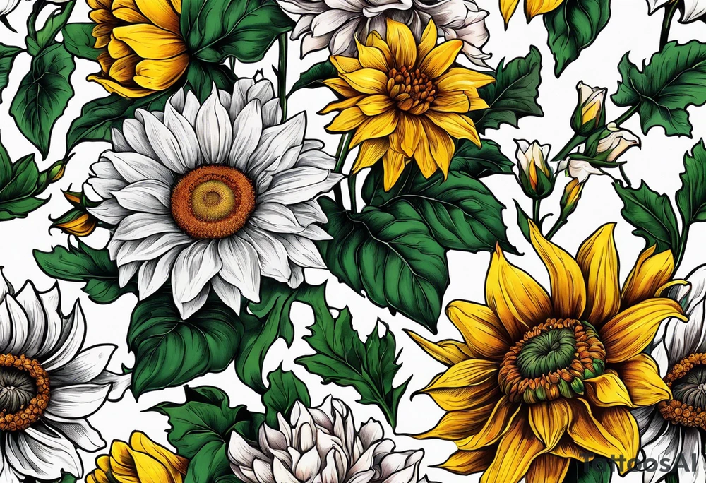 Sunflower daffodil, daisy, rose Adler, chrysanthemum, holly tattoo idea