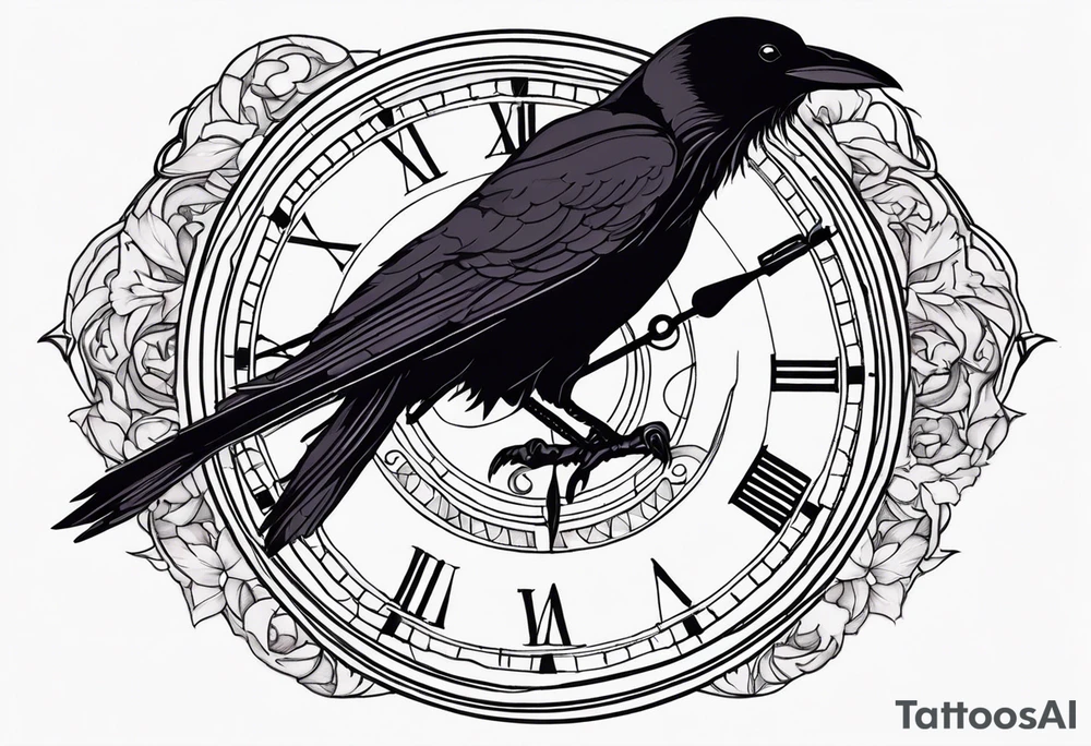 raven perched on clock tattoo idea