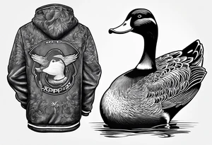 Hunting decoy Duck wearing a jacket that says "XRP" on the side. tattoo idea