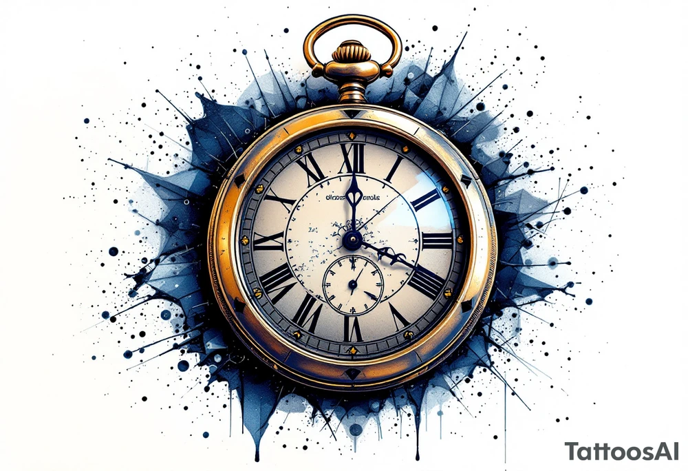 A metallic pocket watch frozen at the wedding time, reflecting deep brass gold and royal navy blue, giving an antique effect. tattoo idea