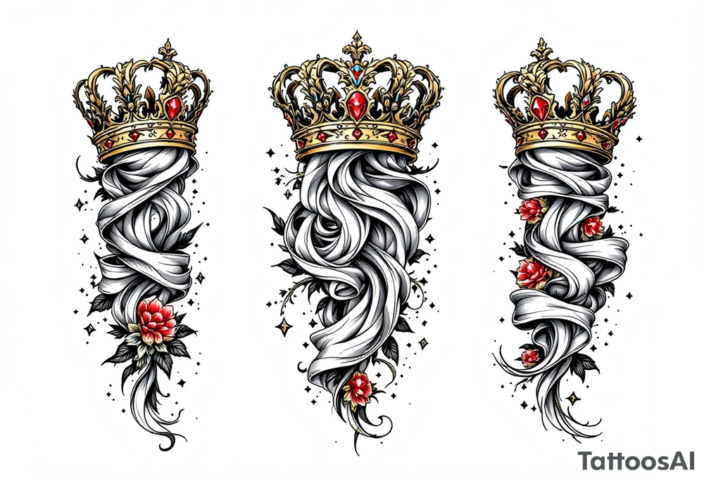 Baroque-style crowns designs with gold and ruby detailing. tattoo idea