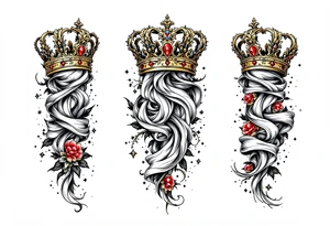 Baroque-style crowns designs with gold and ruby detailing. tattoo idea
