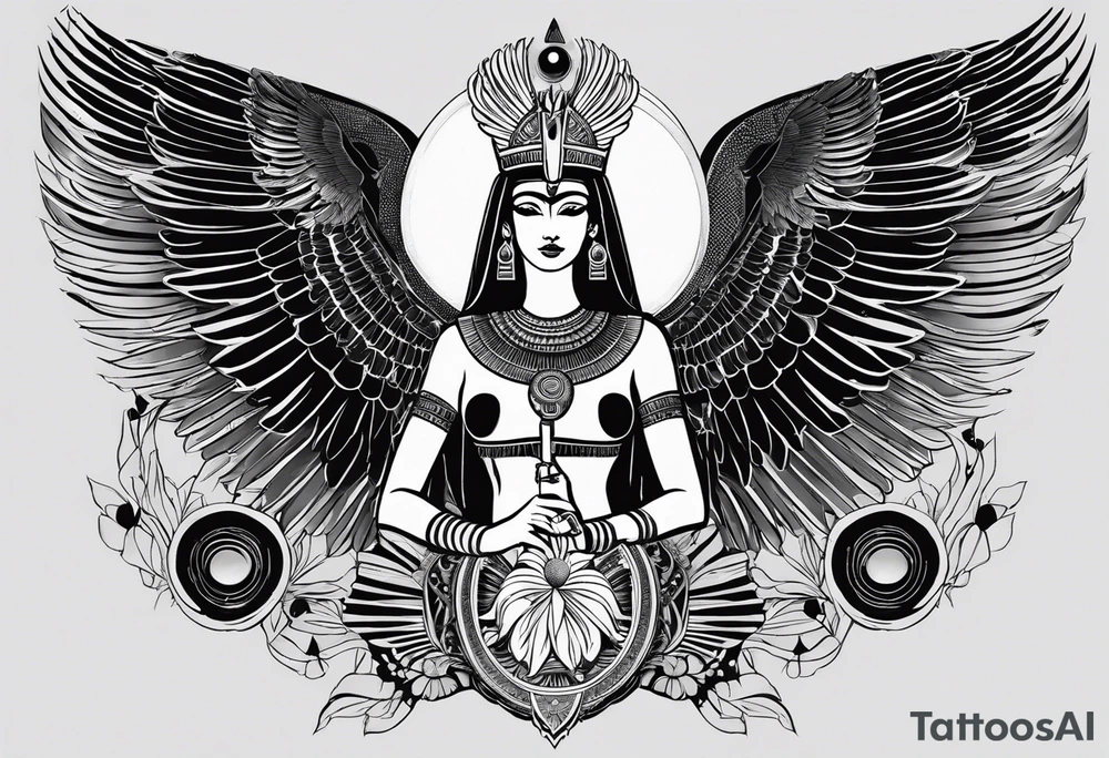 black and white Egyptian goddess Isis, who is often depicted as a woman with outstretched wings, holding an ankh (a symbol of life) in one hand and a lotus flower in the other. Her headdress often includes a throne or a solar disk. The tattoo design can vary in style and size, but it typically aims to capture the essence of this revered Egyptian deity, emphasizing her beauty, power, and maternal qualities. The choice of colors and additional elements can also be customized to create a unique and visually striking representation of the goddess Isis tattoo idea