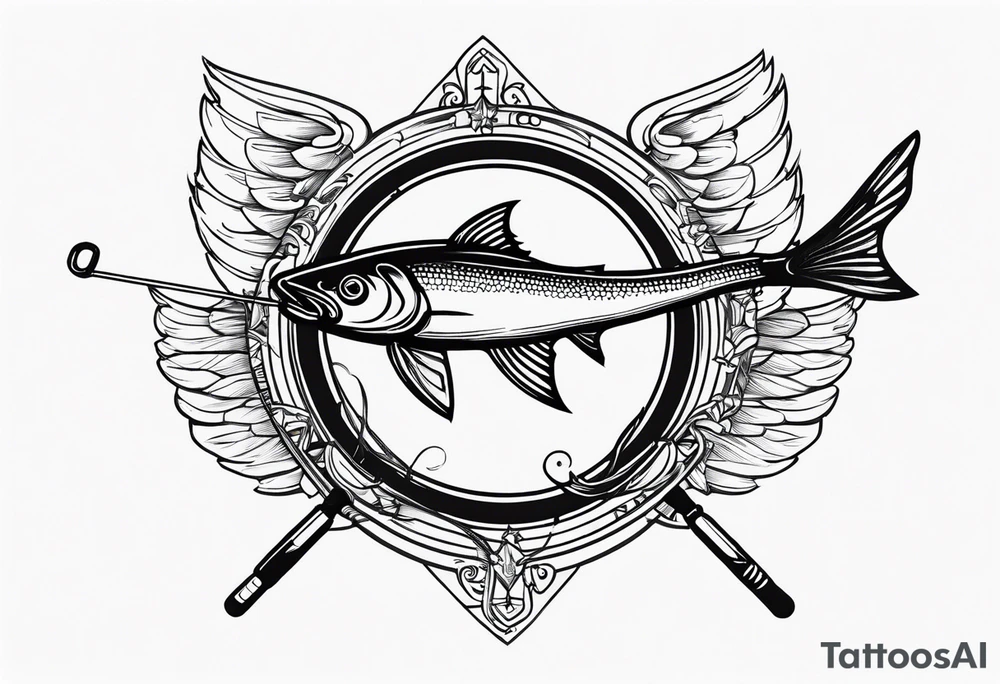 fishing pole and hook with halo and angelwings tattoo idea