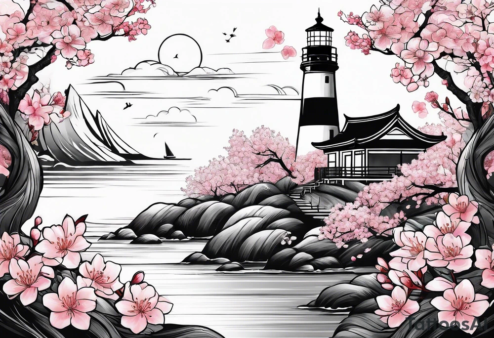 cherry blossom with lighthouse tattoo idea