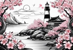 cherry blossom with lighthouse tattoo idea