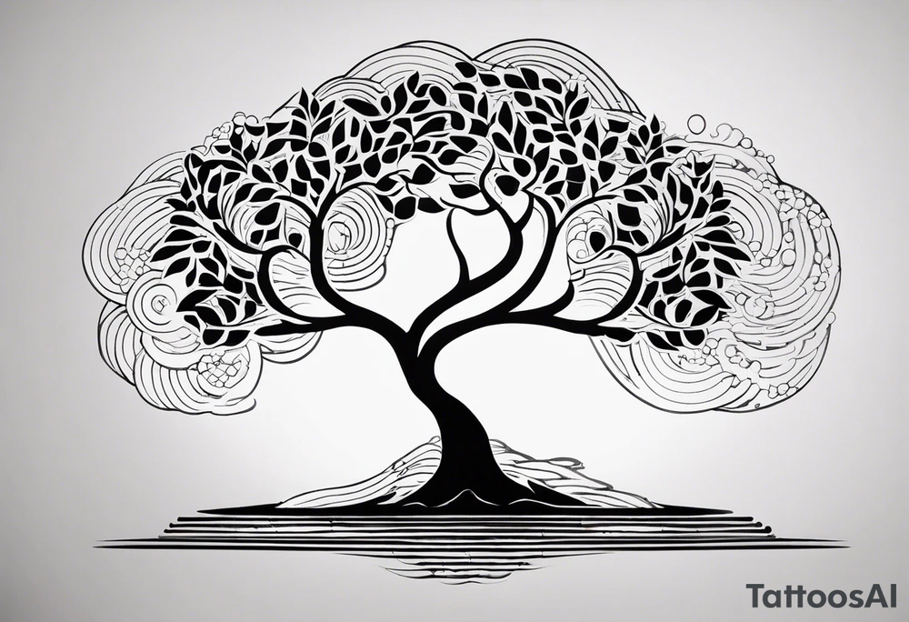 an abstract Tree of life tattoo design. Black and white. It should have roots growing out of the bottom. The roots slowly transform into water waves from the great wave by Hokusai. A golf ball should be placed discreetly. Like in the place of a moon. 2 license plate tags should be hanging from the tree. Place a few music notes. The letters A U should be engraved into the tree trunk in a heart tattoo idea