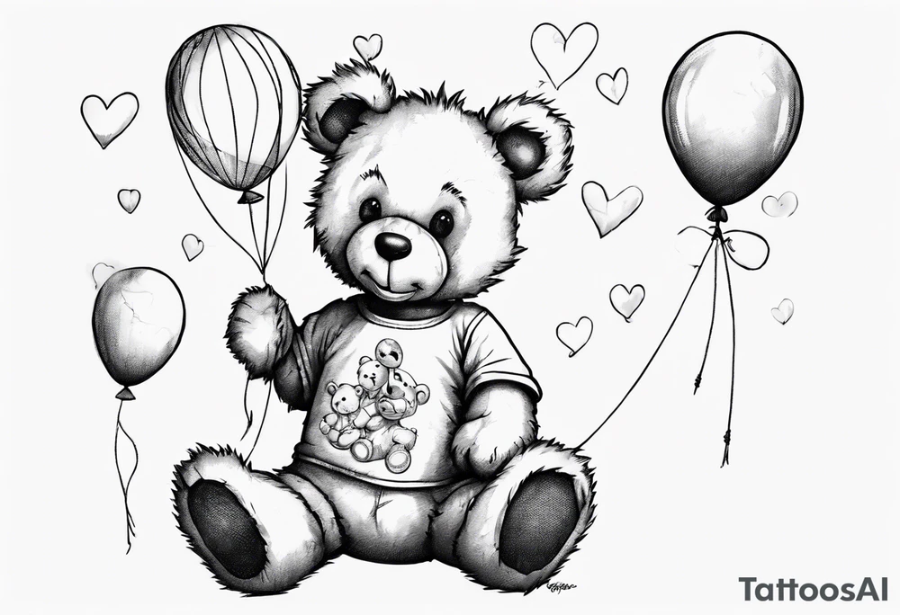 Scruffy teddy bear holding on to balloons and wearing a T-shirt going up to the sky tattoo idea