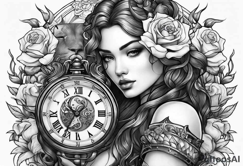Women holding a mechanical heart roses, time watch, lion, strength tattoo idea