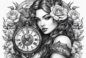Women holding a mechanical heart roses, time watch, lion, strength tattoo idea