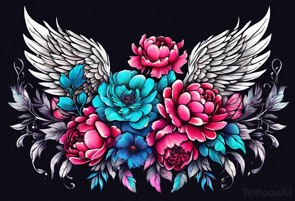 beautiful angel wings with floral peonies, roses, neon, brightly colored. highly detailed, tattoo idea