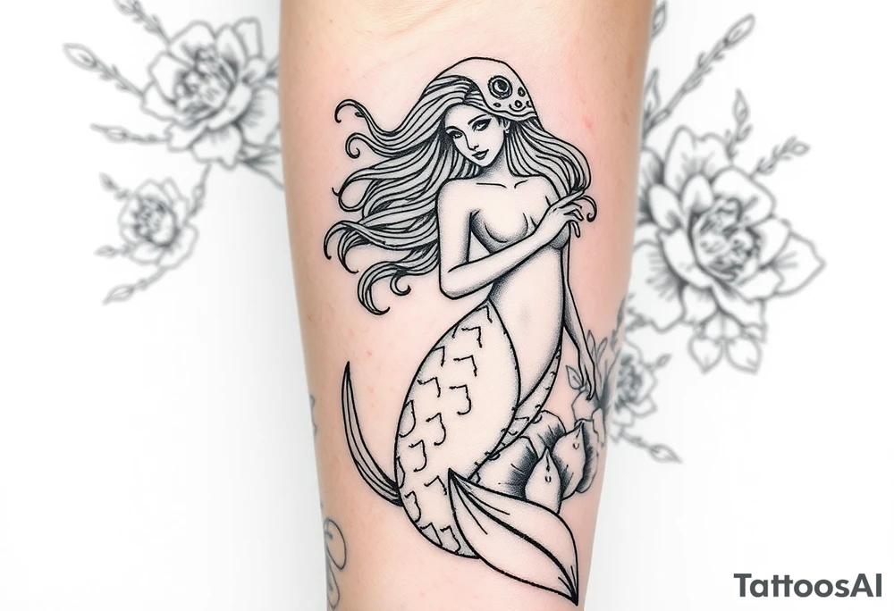 ethereal mermaid with flowing hair among coral and sea flowers tattoo idea