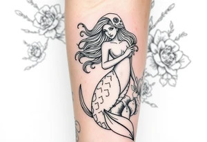 ethereal mermaid with flowing hair among coral and sea flowers tattoo idea