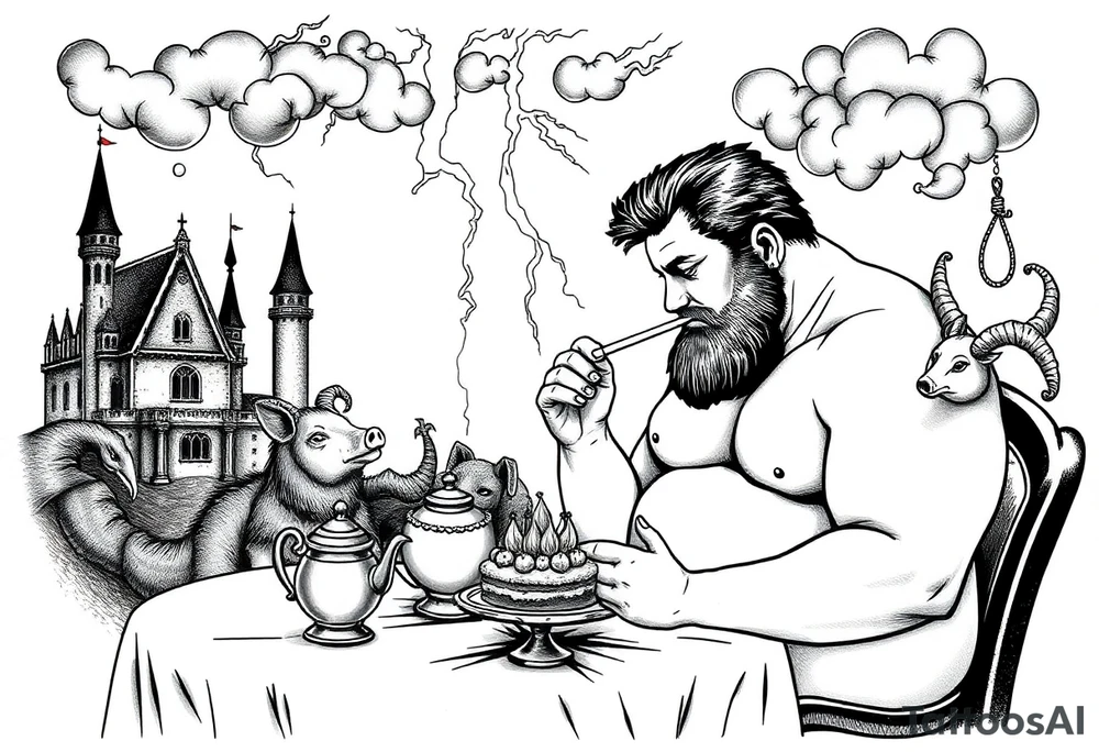 Naked Man having sex Storm lightening clouds gothic sexy naked fat lady having a tea party with tea pot and medieval castle
with a pig, peacock, noose, lion, goat, smoking cigerettes looking in the mirror eating a cake thru storm clouds with razor blades and broken hearts and darkness and wrath, envy , gluttony, greed, sloth, pride kill tattoo idea