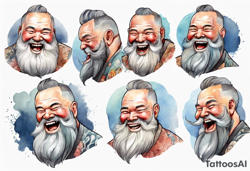 full portrait a large man in a tunic with a grey beard laughing tattoo idea