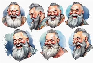 full portrait a large man in a tunic with a grey beard laughing tattoo idea