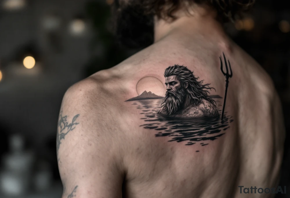 Poseidon half way under calm water with trident at sunset tattoo idea