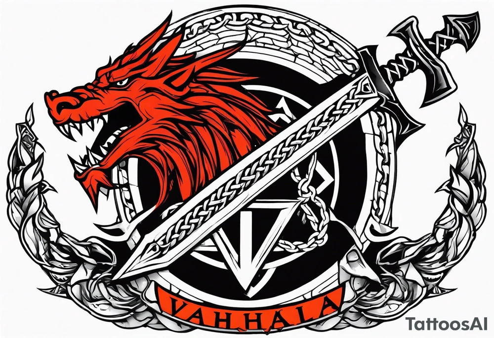 Valhalla sword shield dragon axe Valknut barbed wire chains fire tattoo idea Valhalla sword shield dragon axe Valknut barbed wire chains fire tattoo idea