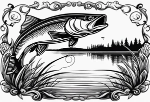 Fishing rod on a lake bank
do not put a fish in the picture fine line silhouette tattoo idea