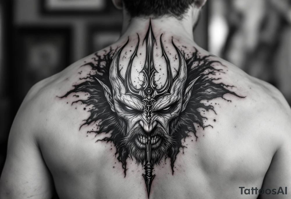 mad man face behind trident tattoo idea