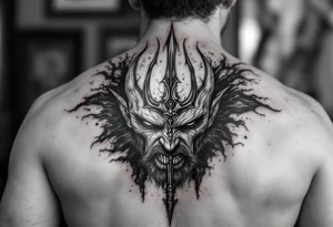 mad man face behind trident tattoo idea
