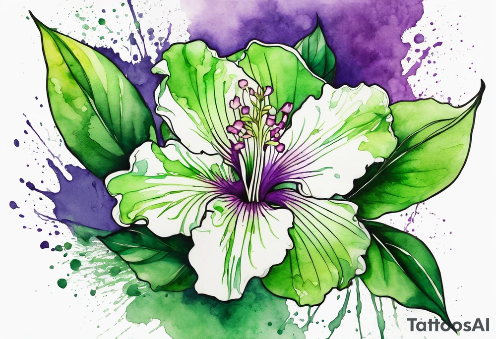 An outline of a green rio dipladenia flower and a green and purple watercolor splash in the background tattoo idea