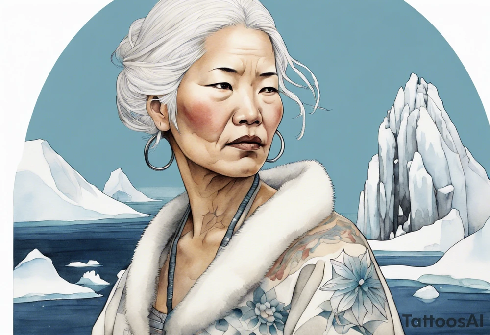 a middle aged Inuit woman with white hair wearing white mittens, holding a white bowstaff, standing on an iceberg tattoo idea