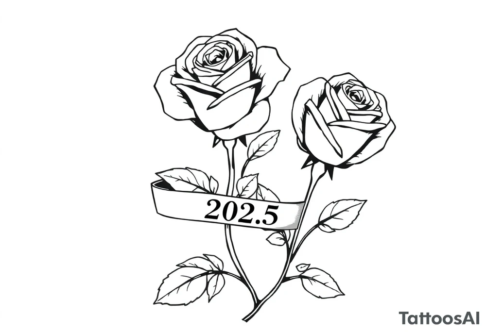 two beautiful large rose buds, one larger than the other, with many leaves next to the rose buds, with one sitting higher than the other. Include a banner connecting the two roses with the year "2025" on it.   Use dark outlines with little shading. The two stems should be short, not long, and connect and join into one stem, whimsically curved or twisted - not straight down. tattoo idea