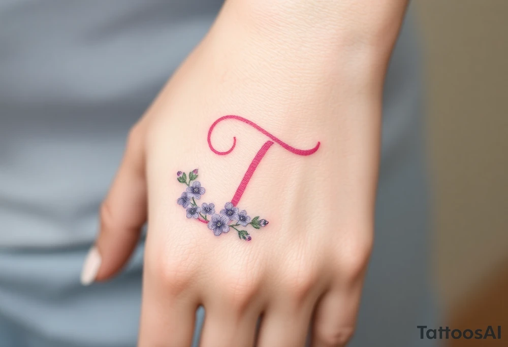 A pastel pink "T" surrounded by tiny lavender blossoms. tattoo idea