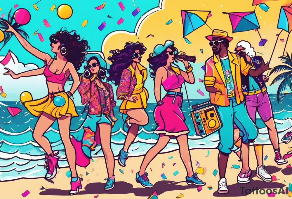 1980's style dance party with boom box and confetti in a beach theme. include people in 80's miami beach clothes, music note. tattoo idea