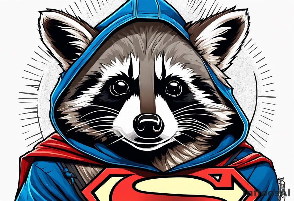 raccoon wearing a Superman hoodie tattoo idea