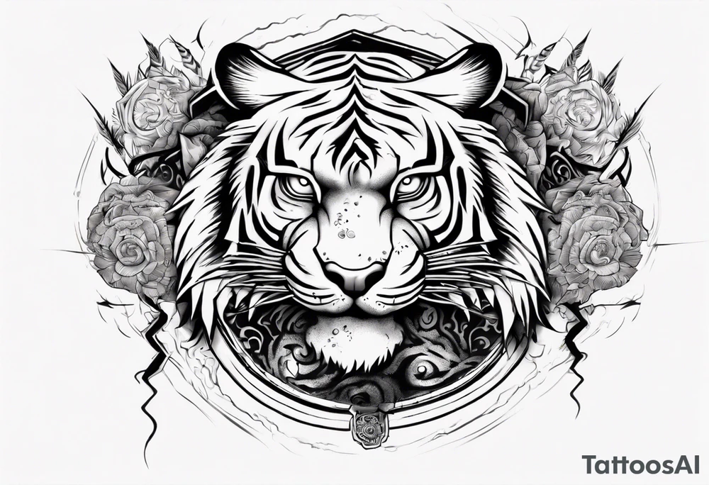 Ancient tiger with lightning and a sun for a forearm sleeve. With patterns surrounding it tattoo idea