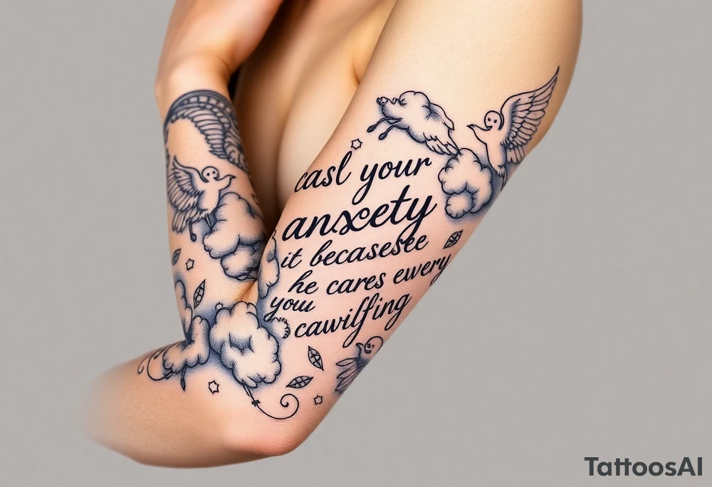cast all your anxiety on him because he cares for you"  surrounded with clouds and angels tattoo idea