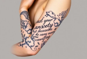 cast all your anxiety on him because he cares for you"  surrounded with clouds and angels tattoo idea