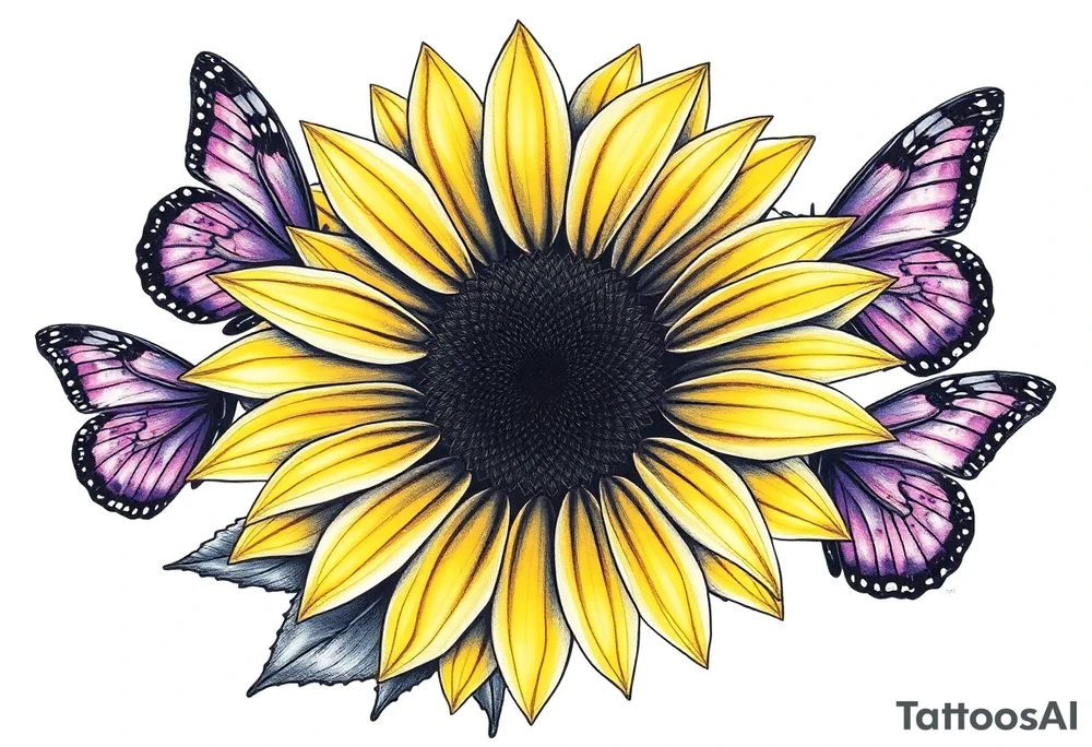 Sunflower with purple butterflies on side tattoo idea