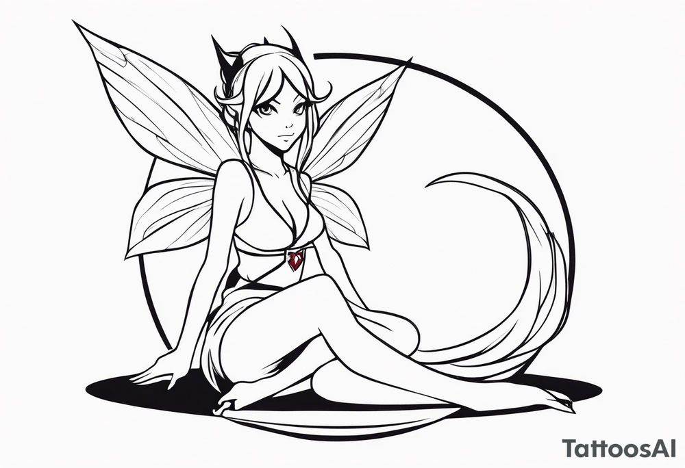 No color sketch of a fairy with a tail inspired by the guild symbol in the anime show called Fairy Tail in a fetal position leaning in and forward while crawled in tattoo idea