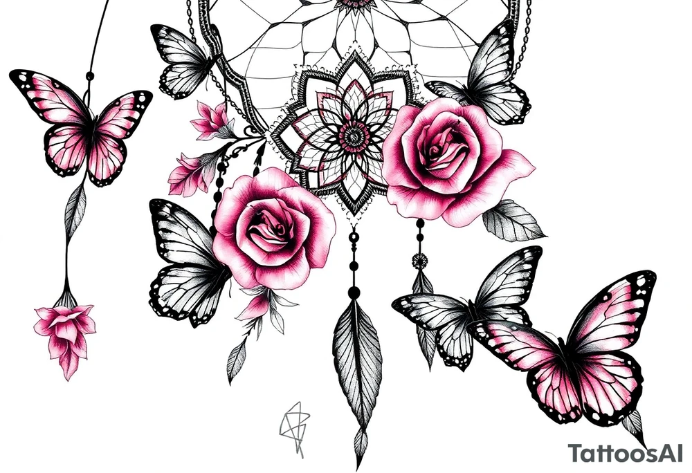 Dreamcatcher roses and butterflies tattoo idea